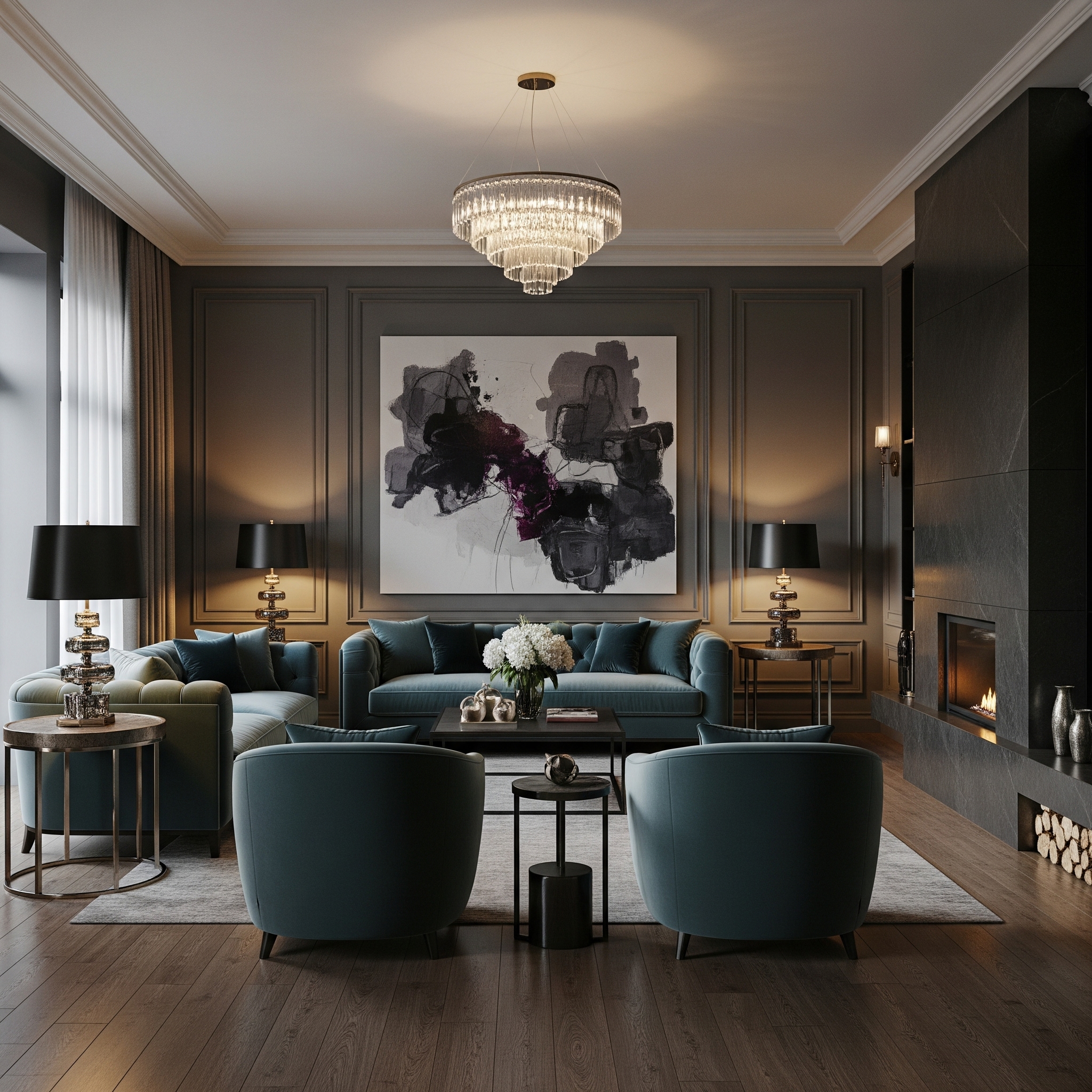 Luxurious living room with teal furniture and fireplace