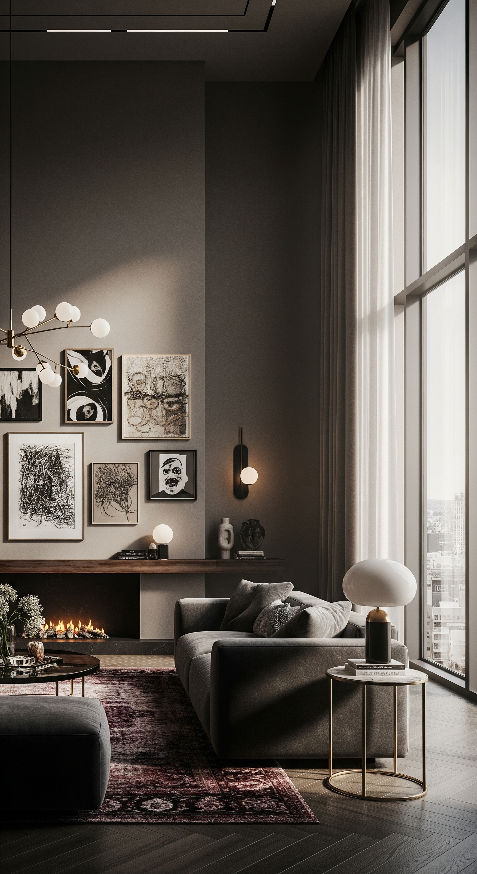 Modern living space with tall windows and gallery wall